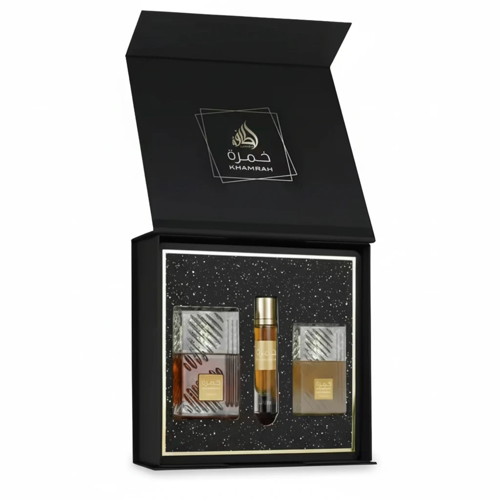 KIT KHAMRAH - LATTAFA - EUA DE PARFUM 100ML - TRAVEL 12ML - FRESH HAIR MIST 50ML