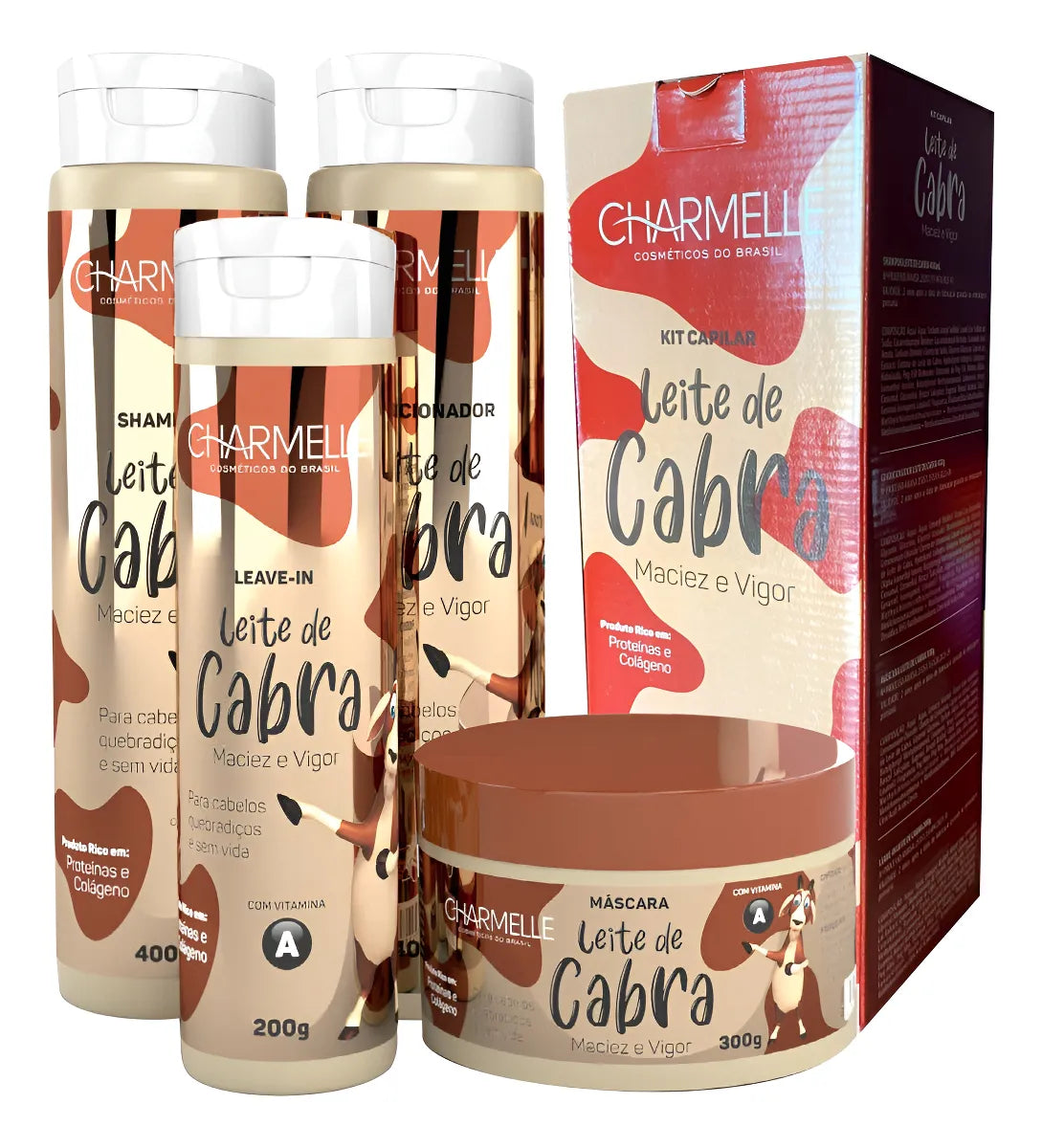 KIT LEITE DE CABRA - CHARMELLE - SHAMPOO 400ML - CONDICIONADOR 400G - MÁSCARA 300G - LEAVE-IN 200G