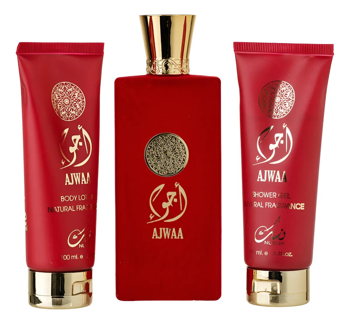 KIT AJWAA RED - NUSUK - EAU DE PARFUM UNISSEX + SHOWER GEL + BODY LOTION 3 X 100ML