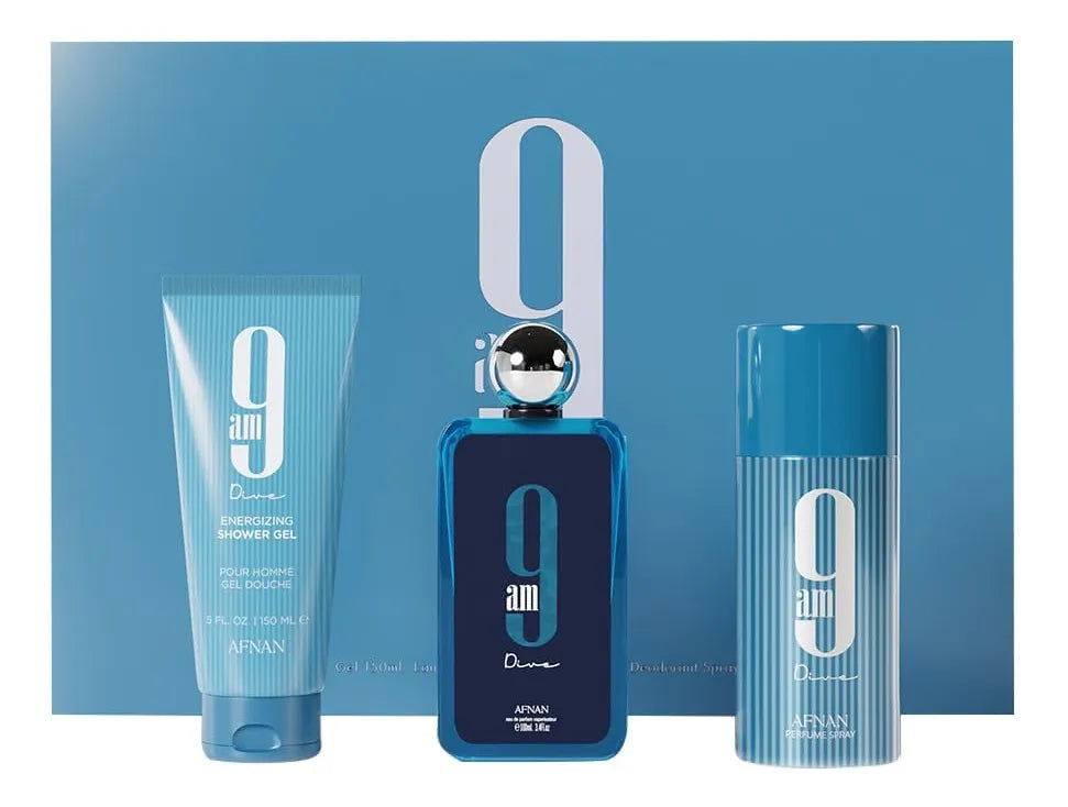 KIT 9 AM DIVE - AFNAN - EAU DE PARFUM 100ML - SHOWER GEL 150ML - PERFUMED DEODORANT SPRAY 150ML