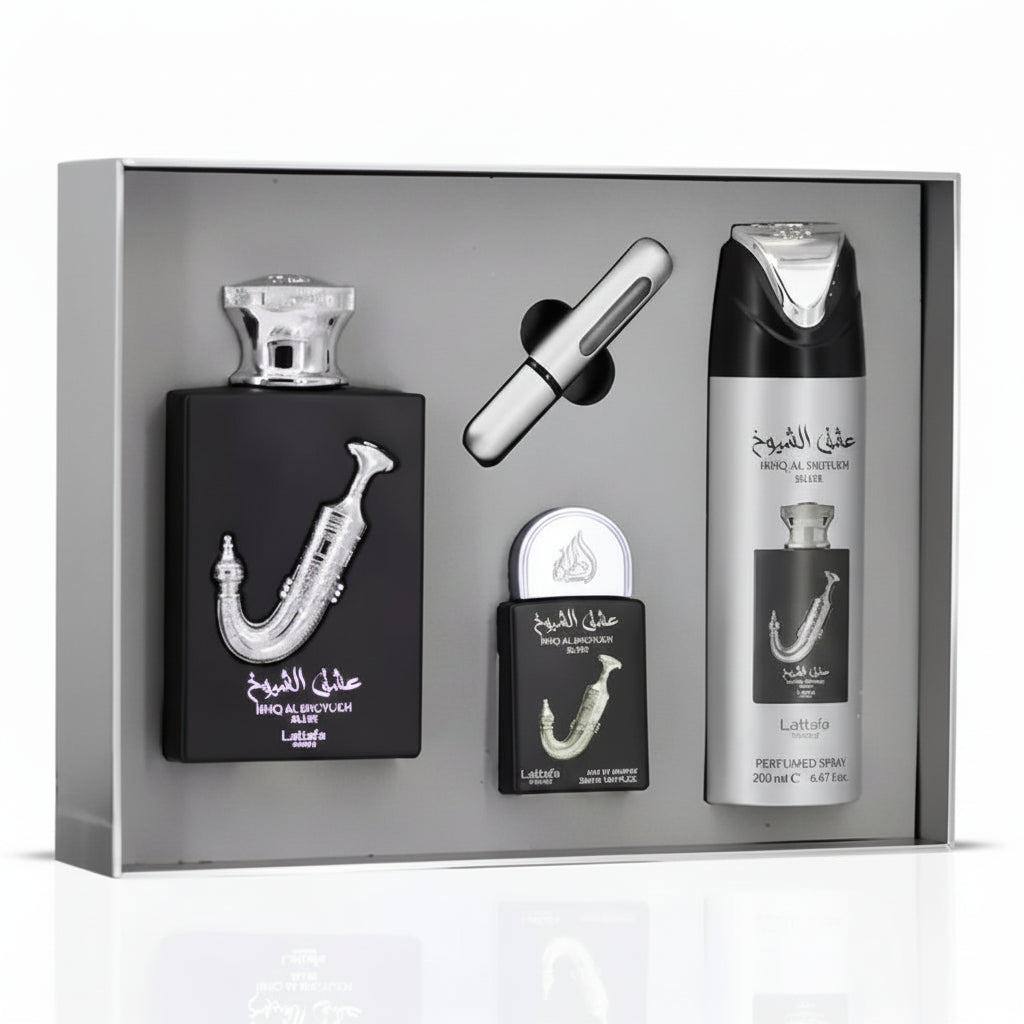 ISHQ AL SHUYUKH SILVER - LATTAFA - EAU DE PARFUM 100ML + EDP 20ML + BODY SPRAY 200ML