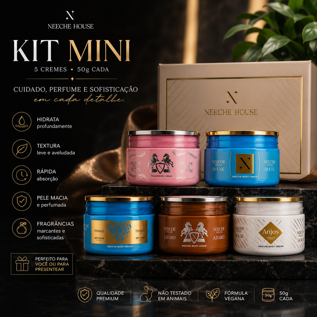 Neeche House Kit Miniaturas 7x50g - Hidratantes Corporais Travel Size com 5 Potes de 50g Cada para Viagens e Perfumação Alta Fixação