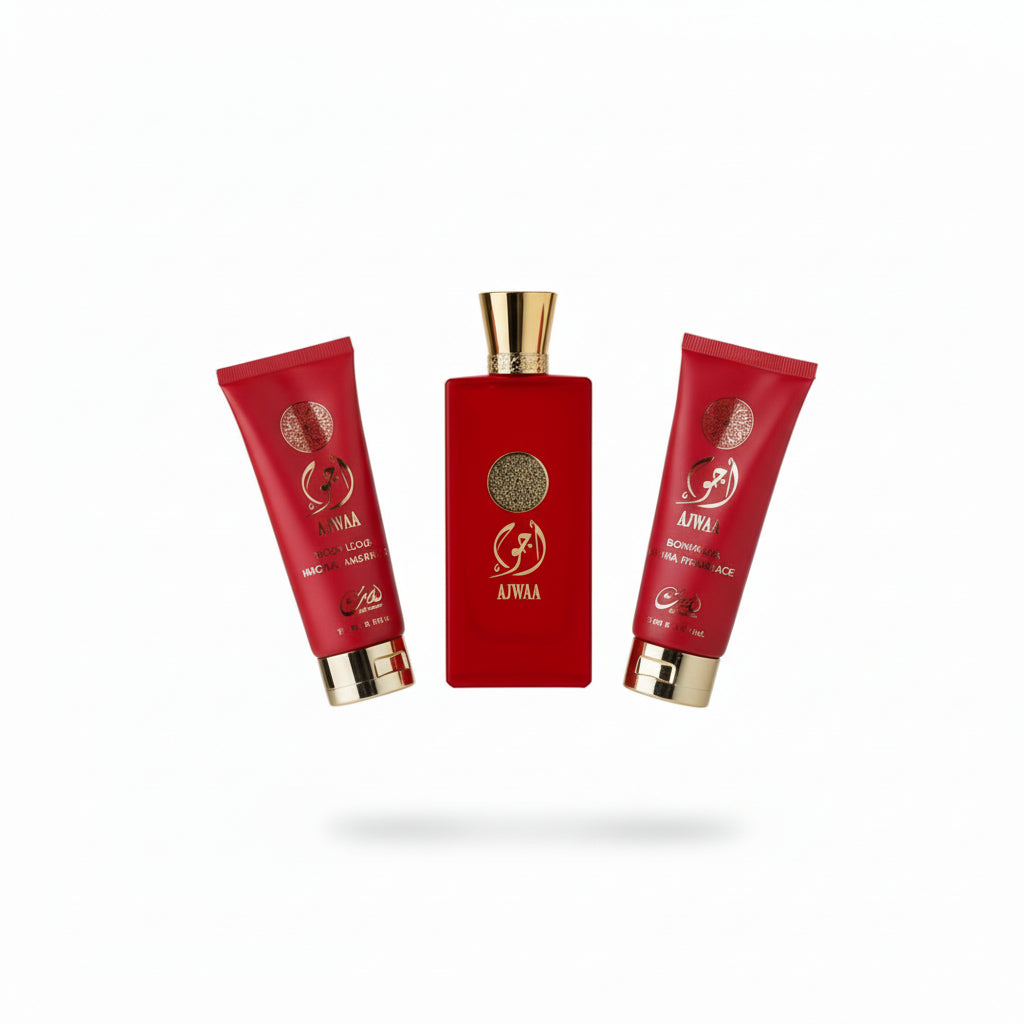 KIT AJWAA RED - NUSUK - EAU DE PARFUM UNISSEX + SHOWER GEL + BODY LOTION 3 X 100ML