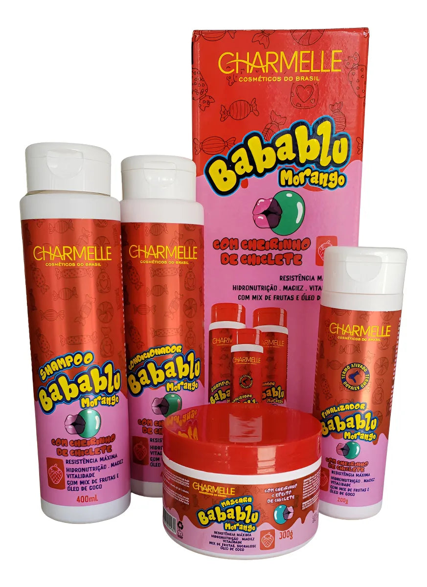 KIT BABABLU MORANGO - CHARMELLE - SAMPOO 400ML - CONDICIONADOR 400G - MÁSCARA 300G - FINALIZADOR 200G