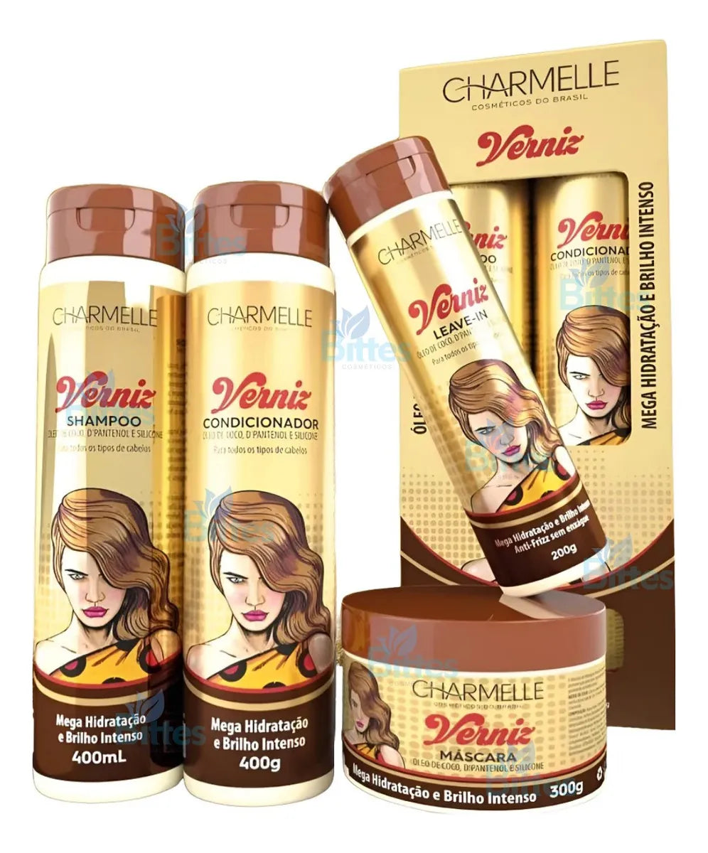 KIT VERNIZ - CHARMELLE - SHAMPOO 400ML - CONDICIONADOR  400G - MÁSCARA 300G - LEAVE-IN 200G