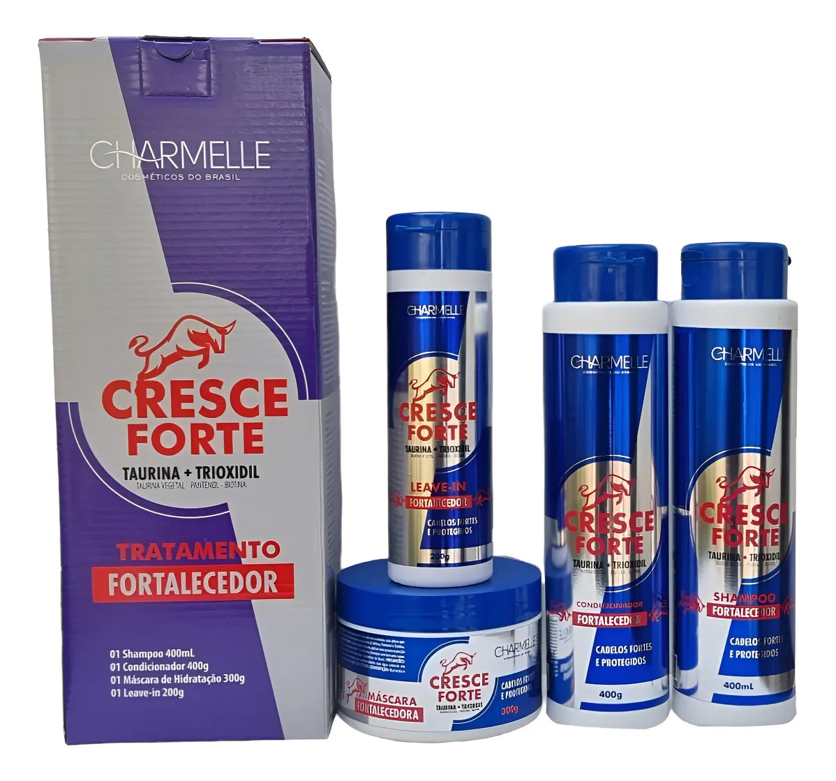 KIT CRESE FORTE - CHARMELLE - SHAMPOO 400ML - CONDICIONADOR  400G - MÁSCARA 300G - LEAVE-IN 200G