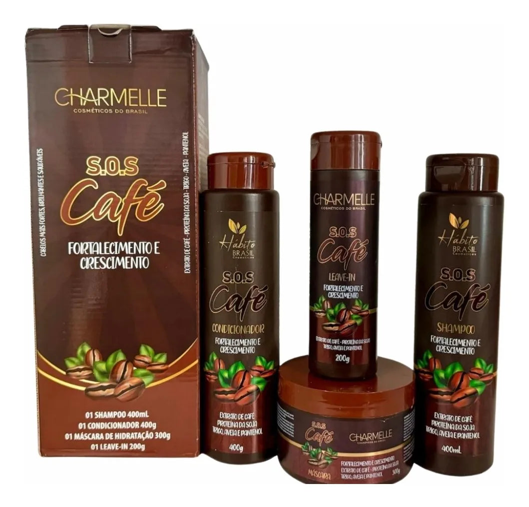KIT S.O.S CAFÉ - CHARMELLE - SHAMPOO 400ML - CONDICIONADOR  400G - MÁSCARA 300G - LEAVE-IN 200G