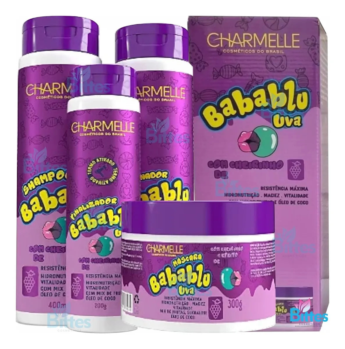 KIT BABABLU UVA - CHARMELLE - SAMPOO 400ML - CONDICIONADOR 400G - MÁSCARA 300G - FINALIZADOR 200G