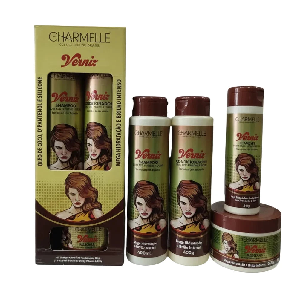 KIT VERNIZ - CHARMELLE - SHAMPOO 400ML - CONDICIONADOR  400G - MÁSCARA 300G - LEAVE-IN 200G